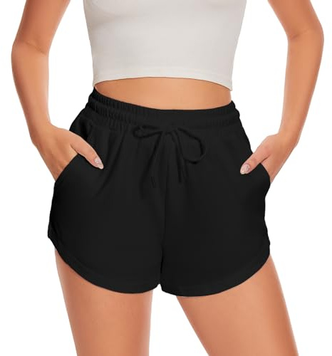 DGSHIRLDJO Sportshorts Damen Sommer Shorts Baumwoll Kurze Hosen mit Taschen High Waist Gym Shorts Jogginghose für Fitness, Yoga & Freizeit（M,schwarz）