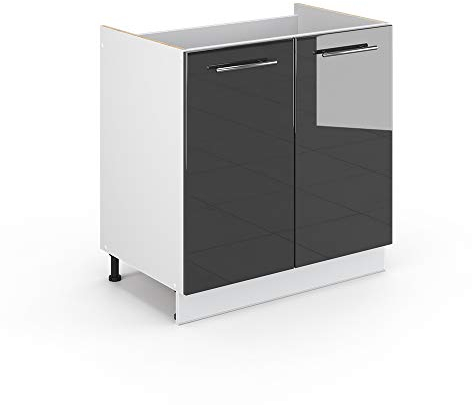 Vicco Spülenunterschrank Fame-Line, Anthrazit Hochglanz/Weiß, 80 cm, AP Anthrazit