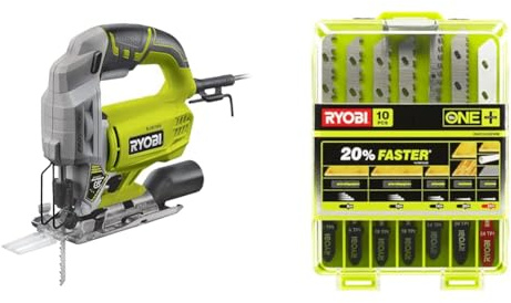 RYOBI - Scie Sauteuse Pendulaire 220V, 500W, 3000cps/min, Inclinaison 0 à 45 ° Droit et Gauche & Coffret 10 Lames de Coupe ONE+ pour Scie Sauteuse Sans Fil - Spécial Bois, Métal