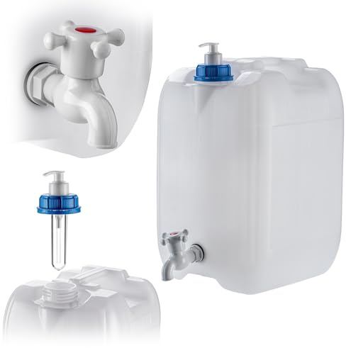KADAX Bidón de agua con grifo de drenaje, depósito de agua con salida de agua, bidón con grifo integrado y dispensador de jabón, depósito de camping