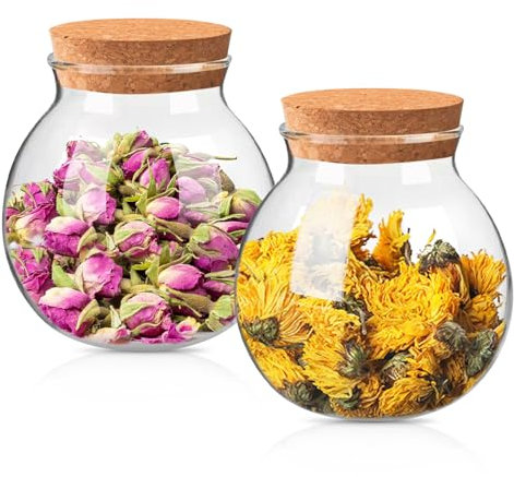 Vegena Barattoli in vetro con coperchio in bambù, ermetici, set da 2 barattoli sferici con coperchio, 500 ml – 1000 ml, per biscotti, tè, chicchi di caffè, noci, spezie, decorazioni (500 ml)
