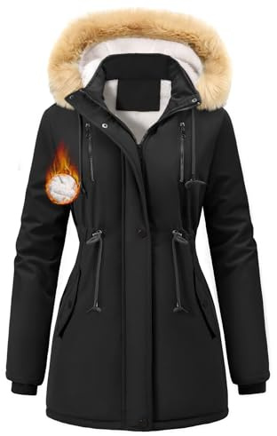 Nadeer Parka Donna Cappotti Invernali Foderato in Pile Giacca con Cappuccio in Pelliccia Sintetica Cappotto Imbottito Giubbotto con Tasche(Nero,L)
