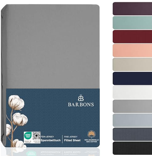 BARBONS Spannbettlaken 180x200cm - 100% Baumwolle Spannbetttuch Hellgrau | Oeko-TEX Zertifiziert - Bettbezug - Bettlaken - Jersey - für Boxspringbett und Dicke Matratzen bis 27 cm