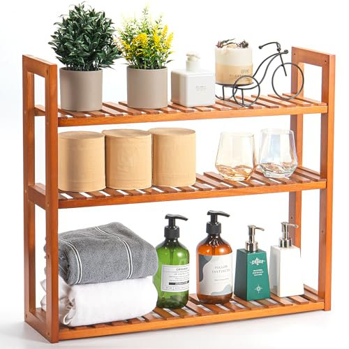 MEHL CLUB Wood Bathroom Shelf, 3-Tier Adjustable Shoes Rack&Plants Rack, Wall-Mounted or Stand for Living Room (Honey Oak)