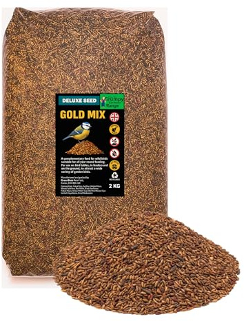 Grumpy Gardener Bird Seed - Gold Mix Deluxe Wild Bird Food | No Waste High Energy Wild Bird Seed Mix with Sunflower, Oats, Nuts, Dates, Millet and Mealworms for Garden Feeding
