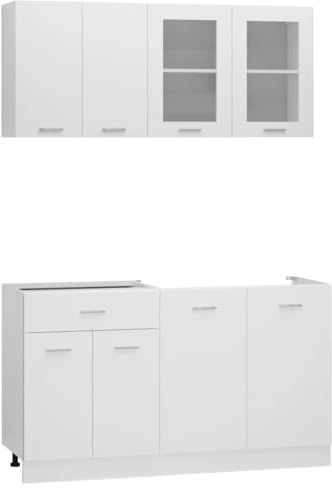 ChicAbode 4-TLG. Küchenzeile Lyon Weiß Holzwerkstoff Einbauküche Küchenblock Hängeschrank Spülenunterschrank Schubunterschrank Hängeglasschrank
