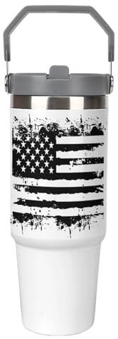 American USA Flag Insulated Tumbler Stainless Steel Coffee Mug Car Cup with Handle and Straw 30oz