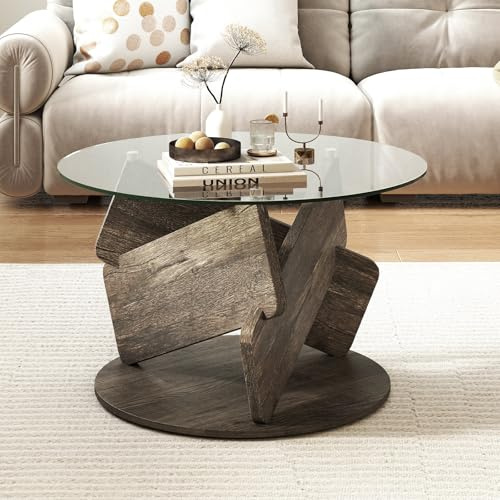 COSTWAY Table Basse Ronde en Verre, Base en Caoutchouc, Style Rustique | Table de Salon Ronde en Verre 81x81 cm pour Petit Espace et Bureau