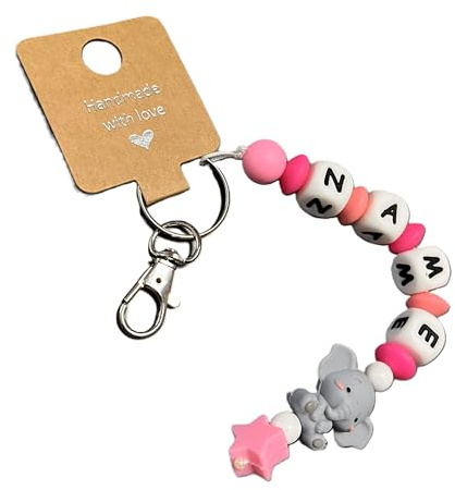 Generisch Personalisierter Schlüsselanhänger mit Namen – Silikon und Acrylperlen & Silikon-Buchstaben – Tiermotiv – Namensanhänger für Kinder und Erwachsene