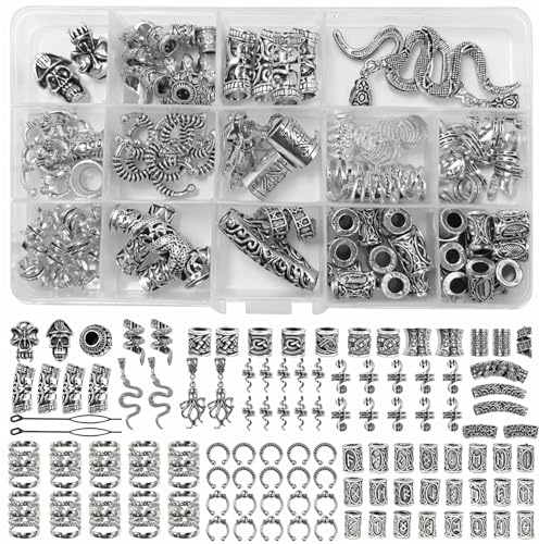 KELAV Bartperlen Wikinger Haarschmuck Set – 219 Stück Wikinger Haarperlen mit Runen, Bartschmuck Männer, Haarschmuck Wikinger Damen, Zopfperlen für DIY Haaraccessoires und Halsketten