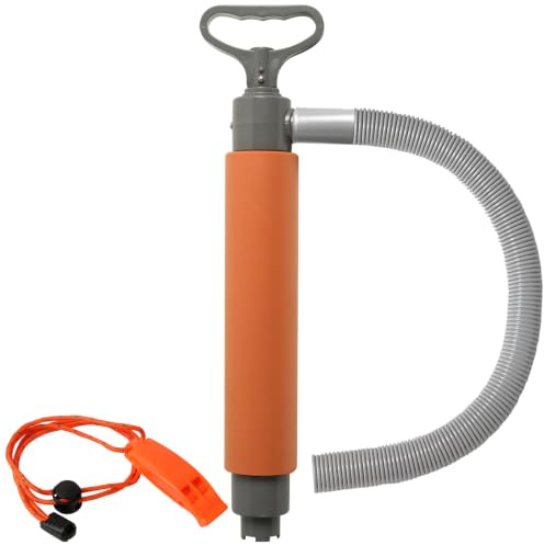 Calvana Manual Bilge Pump for Kayak Boat Canoe, 18 Inch Portable Hand Water Pump with Reversible Hose and Emergency Whistle, Floating Boat Water Removal Pump for Kayaking and Sailboat, Orange