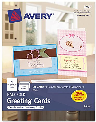 Half-Fold Greeting Cards with Matching Envelopes, Inkjet, 85 lb, 5.5 x 8.5, Matte White, 1 Card/Sheet, 20 Sheets/Box
