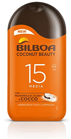 Bilboa Latte Solare Pelle Subito Luminosa e Uniforme con Protezione SPF 15, con Microperle di Jojoba e Cocco, Resistente all'Acqua, 200 ml
