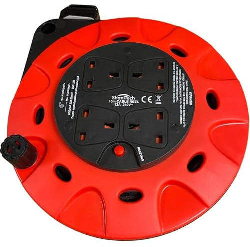 ShaniTech 10M Metre 13A Amps 4 Way Gan Mains Extension Lead Reel, Heavy Duty Thermal Cut Out for Garden, Workshop, DIY