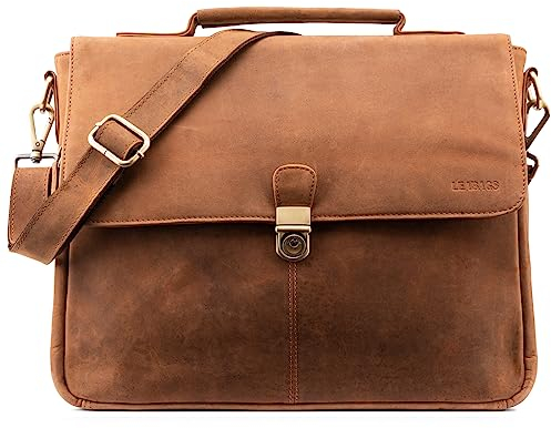LEABAGS Leder Umhängetasche Herren Aktentasche Vintage Laptoptasche Messenger Bag für 15 Zoll Laptop, Umhängetasche mit Schultergurt, Notebooktasche Leder，Arbeitstasche,Schultertasche（Fox）