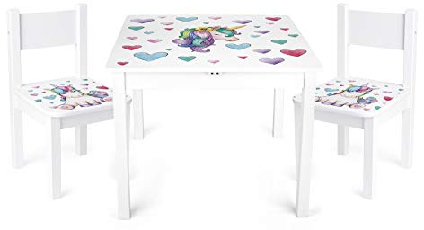 Leomark barnbord trä med 2 stolar 60 x 60 x 49(H) cm, modernt set för barn, möbler perfekt för hem och dagis, barnstolar, bord i stol set, barnmöbler med UV-utskrif Enhörning Yeti