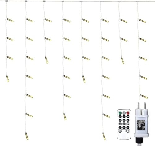 Gresonic 600er LED 15m+10m Eisregen Lichterkette Lichtervorhang Eiszapfen Außen Innen Deko Strombetrieben[Energieklasse A+] (600LED 15m, Warmweiß Blink-Modi Dimmbar)