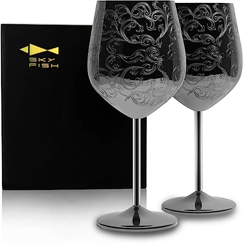 SKY FISH - Juego de 2 copas de vino de acero inoxidable grabadas con grabados barrocos intrincados y auténticos, estilo real, 480ml negro.