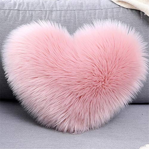 Martin Kench Herzkissen, Schaffell Lammfell Kunstfell Langhaar Zierkissen, Faux Lammfell Schaffell Kissen Dekokissen Zierkissen für Sofa Bett (Pink)