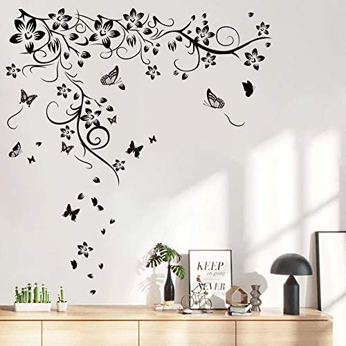 Runtoo Wandtattoo Blumenranke Wandsticker Schmetterling Schwarz Wandaufkleber Wohnzimmer Schlafzimmer Kinderzimmer