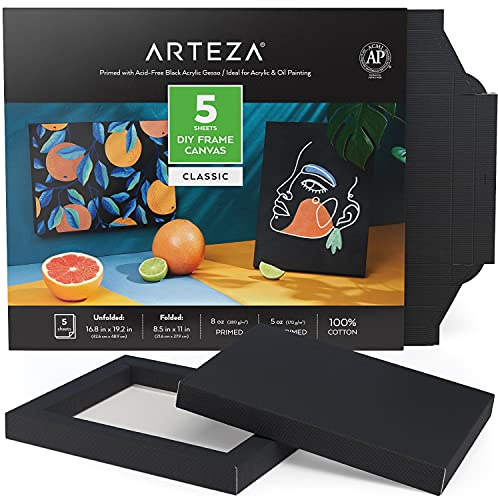 ARTEZA Lienzos de papel para pintar con Marco Plegable, Lienzo Negro, 5 Hojas, (21,3 x 27,94 cm), 100% Algodón, Con Imprimación de 8 Oz, Materiales de Arte para Pintura Acrílica, al Óleo y Dibujo