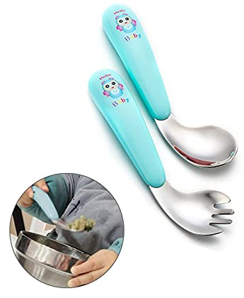 Cuchara De Entrenamiento Alimentos Cuchara Sopa Cuchara Bebé Cubiertos Niños Conjuntos Tenedores Cucharas Utensilios BeBé Cuchara De Aprendizaje Autodidacta (Verde)