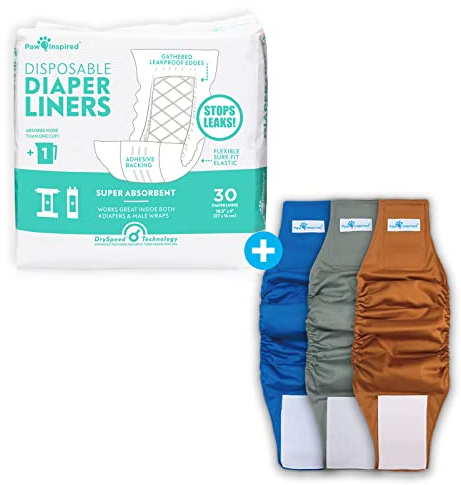 Paw Inspired Reusable, Washable Belly Bands for Male Dogs (Medium, 3 Count) with Disposable Diaper Liner Inserts (30 Count)