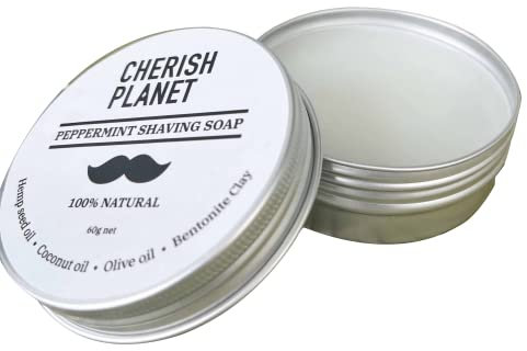 Set of 3 Natural Shaving Soaps with Hemp Seed Oil, Coconut Oil, Olive Oil & Bentonite Clay - Peppermint Scent - Reusable Metal Tin - 60g Each