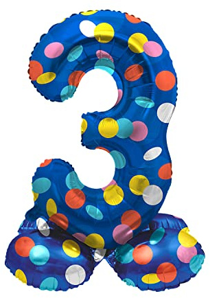 Folat 64783 Luftballon Geburtstag Stehender Ziffer Zahl 3 Colorful Dots Blau mit farbigen Punkten 41 cm - Decoration Geburtstagdeko, Ballon Zahl, Kein Helium erforderlich