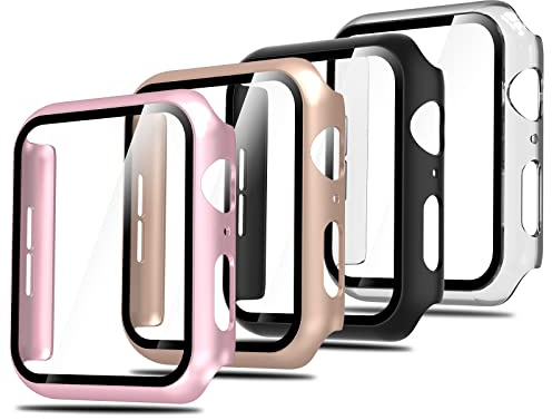 Simpeak 4-Stück Schutzhülle kompatibel mit Apple Watch 6/5/4/SE 3/SE 2/SE 40mm, Harte Hülle mit Panzerfolie, Schutz Zubehör für iWatch, Kratzfest Gehäuse, Transparent, Schwarz, Rosa, Roségold