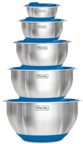 Viking Rührschüsseln Set, 10 Stück Edelstahl Küche Kochgeschirr, Rutschfester Silikonboden, Inklusive Luftdichten Deckeln, Spülmaschinenfest, Blau