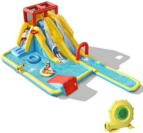 GOPLUS 7 in 1 Aufblasbare Hüpfburg, mit Rutsche, Kletterwand, Wasserbecken, Wasserpistole & Basketballkorb, Aufblasbare Wasserpark mit Tragetasche, für Kinder von 3-10 Jahren (Groß, Mit Gebläse)