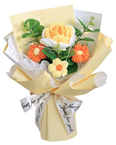 Folpus Crochet Fleur Bouquet Rose Tissé À La Main Bouquet À La Main Polyvalent Ornement Tricoté Fleurs Fête des Mères pour Fête Plateau Fête des Mères, Jaune