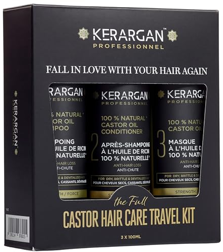 Kerargan - Kit da Viaggio Anti-Caduta all’Olio di Ricino per Stimolare la Crescita e Ridurre la Caduta - Capelli Secchi, Fragili e Devitalizzati - Senza Solfati, Parabeni e Silicone - 3x100ml