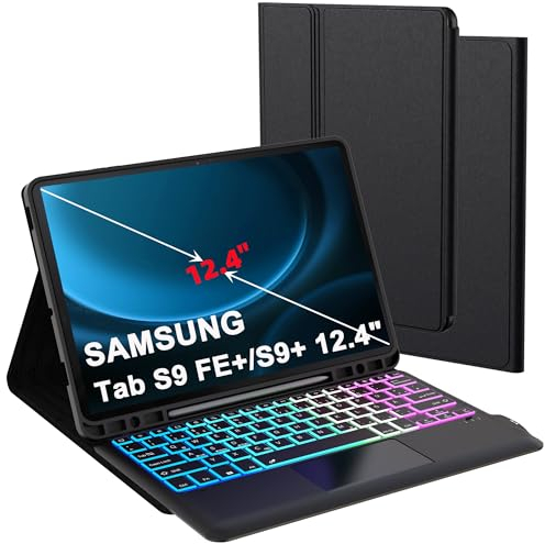 für Samsung Galaxy Tab S9+/S9FE+/S10+ Plus 12.4 Zoll Hülle mit Tastatur: Abnehmbar Tastatur mit Touchpad & 3-Zozen-7-Farbige Beleuchtung - Kabellose Deutsches QWERTZ-Layout Tastaturen S10 Plus Tablet