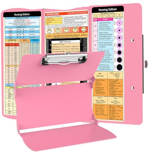 Nursing Clipboard Foldable Nurse Clipboard: 3 Layers Aluminum Folding Clip Board Pocket Size Medical Clipboards Nursing Edition Cheat Charts for Nurses Students Doctors Pink
