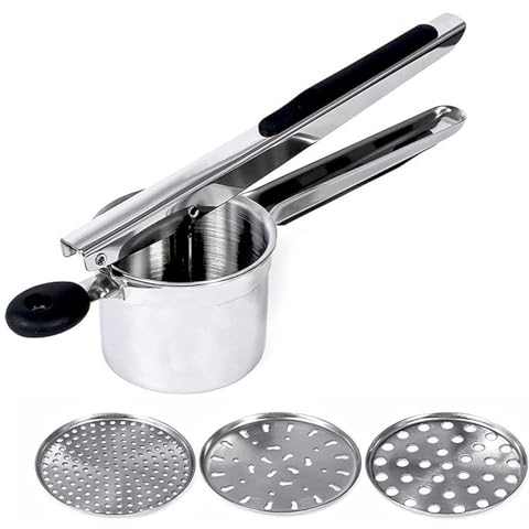 HOUSN Kartoffelpresse Edelstahl, Spülmaschinenfest Spätzlepresse mit 3 Austauschbare Sieb, Kartoffelquetsche mit Rutschfestem Silikongriff für Flauschige Kartoffelpüree,1
