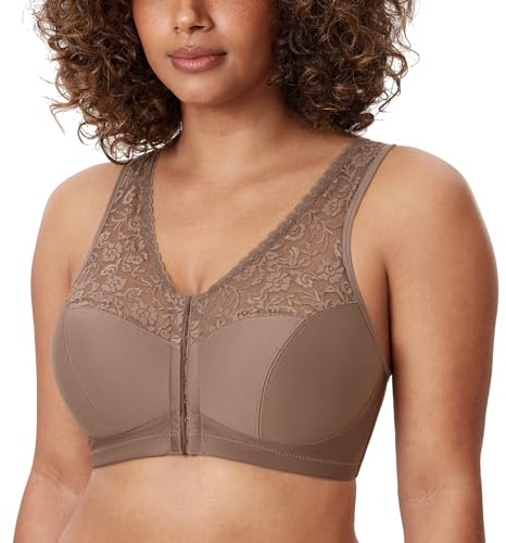 Delimira Women's Front Fastening Bras Lace Wireless Plus Size Full Coverage Racerback Support Bra Brown Purple 36H