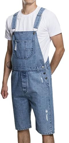 Herren Kurze Jeans Overall Denim Latzhose Vintage Latzshorts Ripped Distressed Jumpsuit Freizeit Jeanshose Männer Cargo Jeans Retro Jumpsuit Arbeitshose Blau Arbeitslatzhosen (Light Blue, XXL)