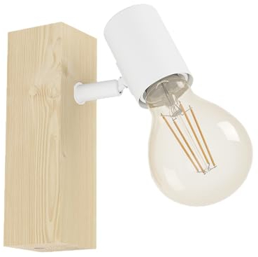 EGLO Lampada a muro Townshend 3, stile vintage, spot luminoso con design industriale, lampada rétro in acciaio e legno, colore: bianco, marrone, attacco E27, certificazione FSC
