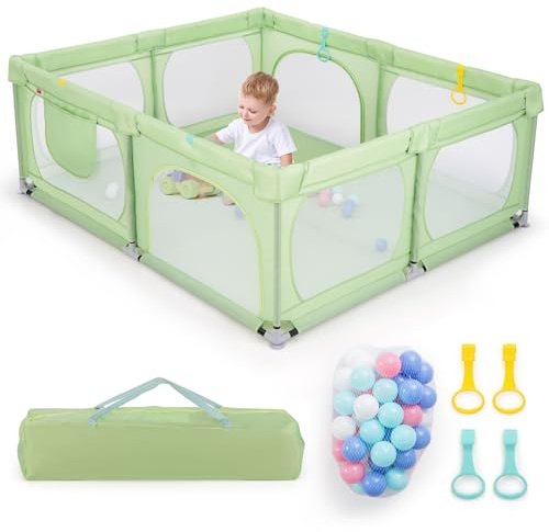 COSTWAY Parque Infantil Grande190 x 158 cm con 4 Anillas y 50 Bolas Oceánicas, Puerta con Cremallera y Malla Transpirable, Bolsillo y Bolsa de Transporte, para Bebés de 0-3 Años (Verde)