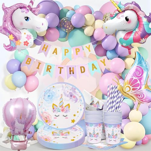 147 Stück Einhorn Geburtstag Partygeschirr Set, Pappteller Kindergeburtstag Deko Luftballons, Einhorn Geburtstagsdeko Ballon Party Geschirr Pappteller Tassen Servietten für Party Kindergeburtstag