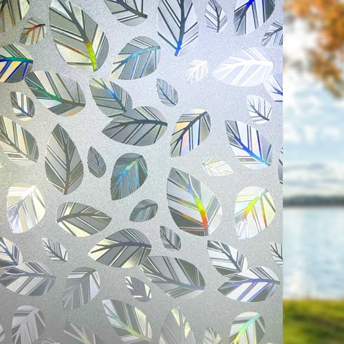 Qualsen Window Film Privacy 3D Leaf Patterned Rainbow Privacy Film for Glass Windows No Glue Static Cling Frosted Window Film Self Adhesive Opaque Decorative Vinyl Glass Film for Home 30x120cm
