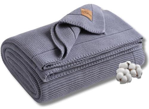 Dalisa GOTS-Zertifizierte Bio-Baumwolle Strickdecke – Weich & Gemütlich, Vorgewaschen – Perfekt für Couch, Bett & Deko – Waschmaschinengeeignet – In Geschenkbox verpackt (Blau, 130x150 cm)