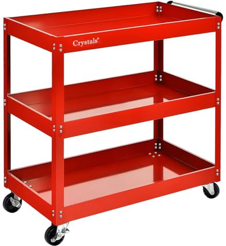 Crystals Tool Trolley on Wheels, 3-Tier Tool Storage Organiser with Lockable Wheels, Garage Tool Service Cart with Handle, Workshop DIY Storage Trolley (Red)