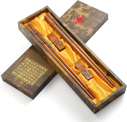 Chopsticks Reusable,Wooden Dragon and Phoenix Chopsticks Set with Dishwasher Safe,Natural Wooden Chopstick Gift Set （2 Pairs)