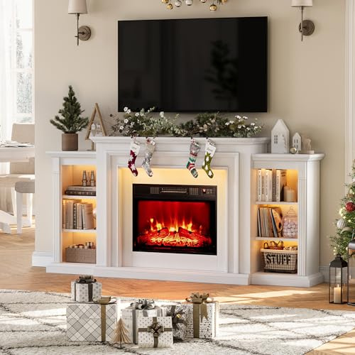 72 LED Lights Electric Fireplace with Mantel, Fireplace TV Stand for TVs Up to 80,Modern Entertainment Center with Storage, Delicate Three-Dimensional Molding with Remote Control for Living Room