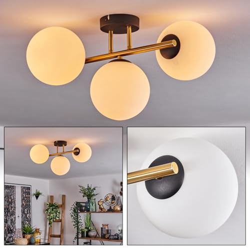 HOFSTEIN Deckenleuchte Gastor, 3-flammige Deckenlampe aus Metall/Glas in Schwarz/Gold/Milchglas, moderne Leuchte im Retro/Vintage-Design (Schirme Ø 15cm), E14, Esszimmer, Wohnzimmer, Küche, Flur, Büro