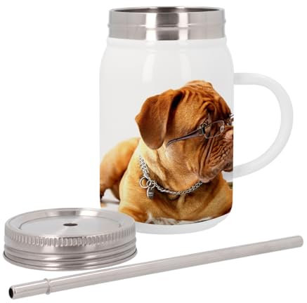 Thermobecher aus Edelstahl mit Deckel und Strohhalm – französische Bulldogge mit Brille für kleine Hunde, braun, 500 ml