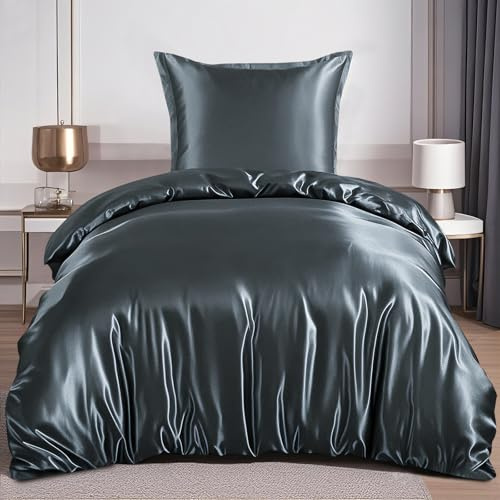 RUIKASI Satin Bettwäsche 140x200 Grau - Seidig Luxus Bettbezug mit Glanz wie Seiden Bettwäsche Set für Haar und Haut, Glänzend Bettwäsche 140x200cm mit Reißverschluss und Kissenbezug 80x80cm